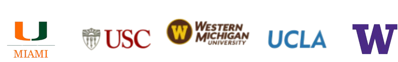 Participating school logos: University of Miami, USC, Western Michigan University, UCLA, and University of Washington